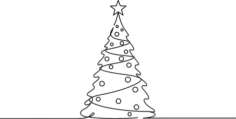Minimalist christmas tree with star in single line drawing on white background