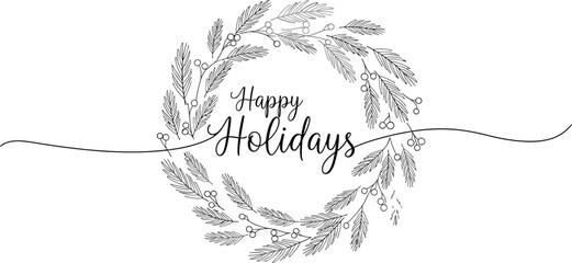 Happy holidays greeting card with minimalist wreath and elegant typography