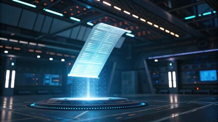 A futuristic holographic display projects data in a high-tech environment, showcasing advanced technology and innovation.