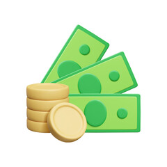 3D money vector illustration. Paper currency bills and stack of golden metal coins 3D icon. Symbol of earnings treasure, savings investments finance economy sign. 3D money cash.