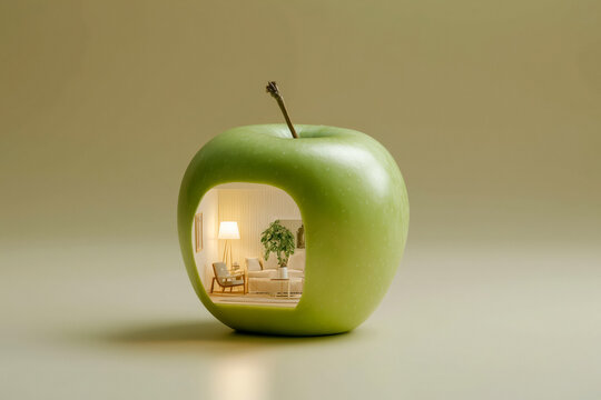 Discover your dream modern living space nestled inside a vibrant green apple, a surreal and inspiring visual for home design and creativity concepts.