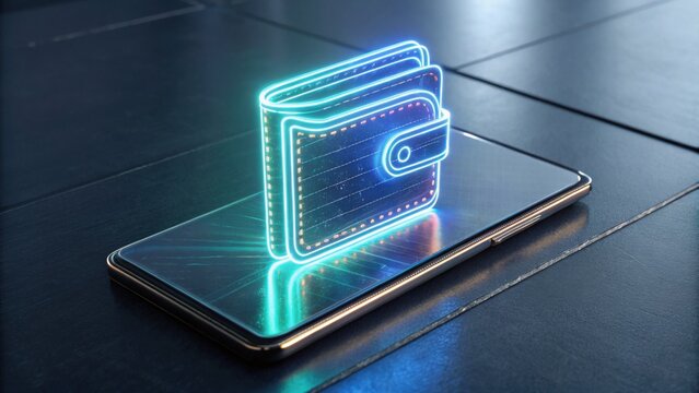 A digital wallet appears on a smartphone screen, glowing in blue light, symbolizing modern finance and digital transactions.