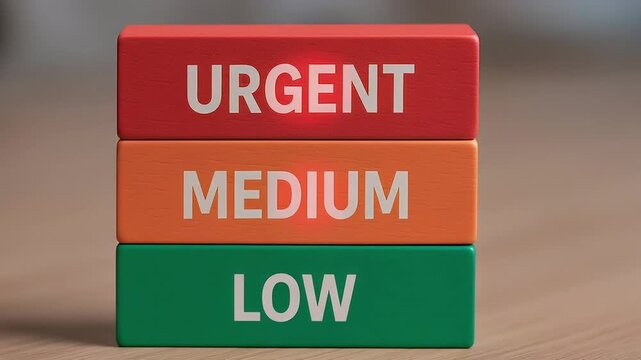 Urgent medium low priority workflow task management concept stack block colorful blocks show urgent medium low priority stacked workflow concept wood table surface shallow depth of field for business