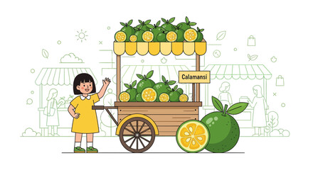 Illustration Of A Girl Selling Calamansi Fruit At An Outdoor Market Stall