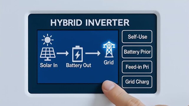 Hybrid inverter touchscreen control panel showing solar panel input, battery output and electric grid flow with touch screen control selecting grid export option, modern renewable energy home energy