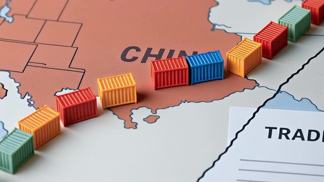 China United States trade policy map with colorful shipping container model border showing trade route tension and economic link, China United States trade policy map with miniature shipping