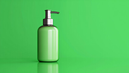 A single green pump bottle with a silver dispenser standing on a reflective surface against a vibrant green background.
