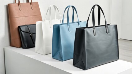 A display of stylish tote bags in various colors, showcasing modern design and craftsmanship.