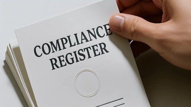 Compliance register document held by hand with blank circular seal and professional layout conveying corporate governance and regulatory record keeping compliance register document with policy record