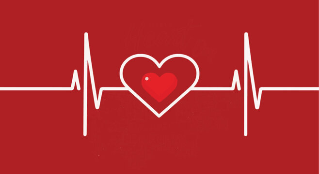 heartbeat line and heart icon on red background, ecg or ekg monitoring medical vector illustration