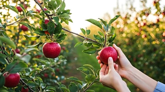 Close Up of Hands Picking Red Apples from Tree in Orchard with Dew Drops Against Warm Sunset Background Cultivating Autumn Harvest and Fruitful Gathering with Leaves 199 character