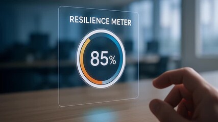 Resilience meter 85% digital gauge circular progress indicator showing high resilience percentage modern office setting with hand reaching toward holographic display confident optimistic tone overlay - Powered by Adobe