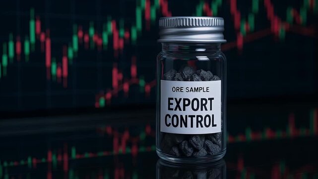 Export control ore sample jar with metal lid and dark mineral fragments on reflective surface in front of financial chart conveying commodity regulation, industrial trade risk and economic tension