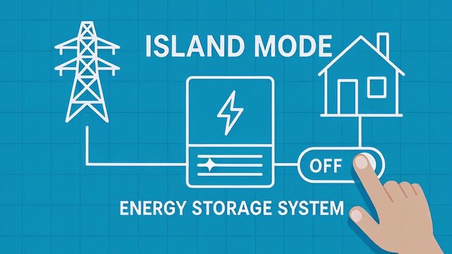 Island mode energy storage system diagram and schematic showing battery backup, grid tower disconnect, house backup and hand switching off for resilience, autonomous control and smart power flow