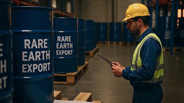 Rare earth export barrel drum warehouse industrial worker safety helmet inspecting palletized drums and export paperwork in focused warehouse inspection of shipment