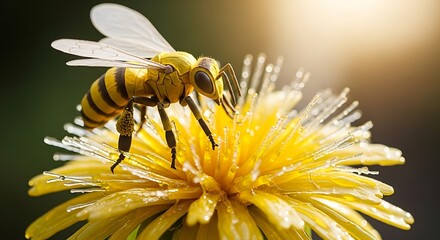 A bee with yellow and black stripes sits atop a bright yellow dandelion flower, gathering pollen in the sunlight.
