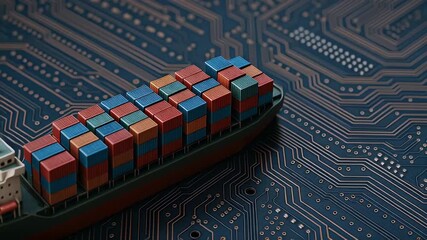 Container ship model carrying stacked metal cargo containers circuit board background conveying global shipping network, digital logistics optimization and motherboard based supply chain integration - Powered by Adobe