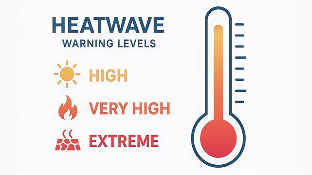 Heatwave warning levels icon chart and infographic with thermometer graphic showing high, very high, extreme temperature alerts and heat risk, very extreme alert conveying urgency and risk to health