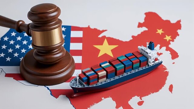 Gavel and cargo ship map with United States and China flag overlays, container and ship beside wooden gavel map, symbolizing international maritime regulation, arbitration and legal tension across