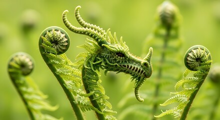 Close-up of a fern frond creatively shaped to resemble a dragon's head, surrounded by other unfurling fern leaves in a lush, green natural environment.
