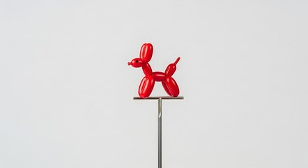 A small, shiny red balloon dog sculpture balanced precariously on the tip of a silver needle against a clean, white background.