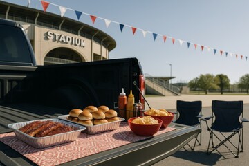 American football tailgate party with food and stadium in view © dvoevnore