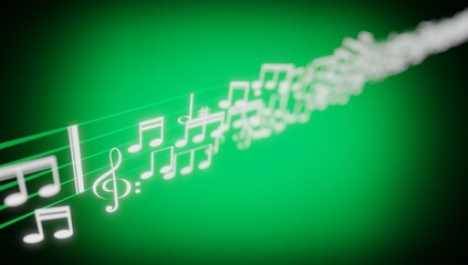 Music notes, treble clef and a staff on green background - 3D illustration