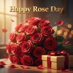 A luxurious bouquet of deep red roses with a golden gift box tied with a red ribbon for Rose Day flowers
