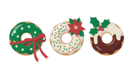 Festive holiday donuts adorned with poinsettias, holly, and festive ribbons create a sweet Christmas celebration scene