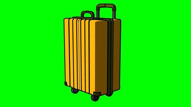 Colorful video vector illustration style of a modern yellow suitcase with black handles and wheels, standing upright on a bright green background