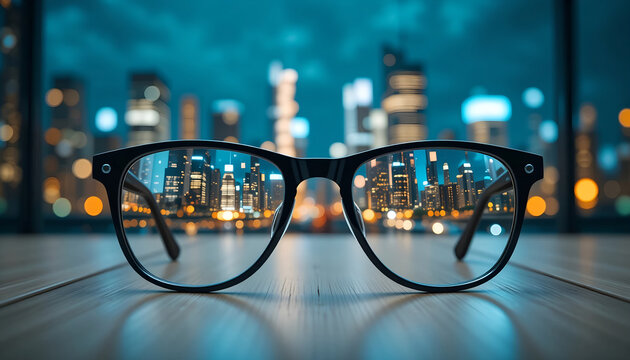 Black Eyeglasses Reflecting a Sharp, Focused Image of a Night City Skyline While the Background Remains Blurred, Concept for Clear Vision, Business Strategy, Focus, or Finance Template