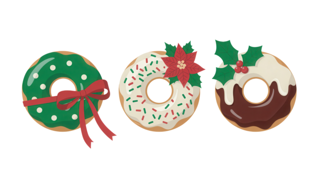 Festive holiday donuts adorned with poinsettias, holly, and festive ribbons create a sweet Christmas celebration scene