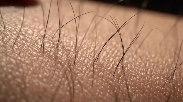 Close up of Human Arm Hair Follicles and Skin Texture with a Black Background, Focusing on Detail and Shallow Depth of Field
