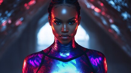 futuristic fashion model with neon body paint and bold makeup landscape photography