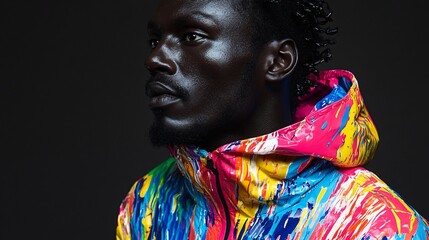 vibrant artistic portrait of a black man wearing a colorful paint-splattered hoodie