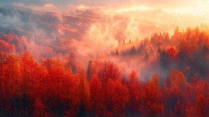 Naklejka premium Vibrant red and orange autumn trees frame a majestic, cloud-shrouded gray mountain under a dramatic sky.