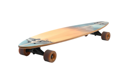 Longboard with sunset graphic on deck, black trucks, orange wheels