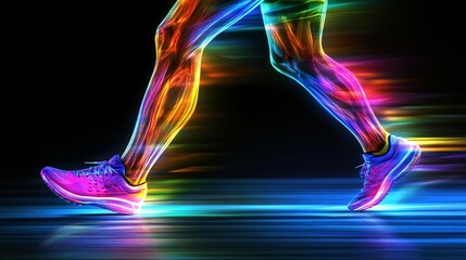 vibrant neon running shoes and legs in motion for digital race or fitness concept