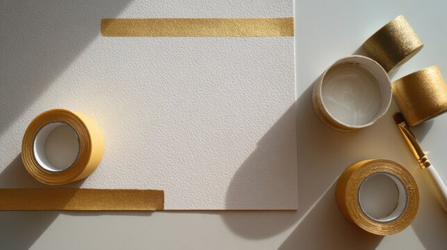 Creative workspace desk with gold tape, brush, and paper for artistic projects or crafts,National Letter Writing Day - Powered by Adobe