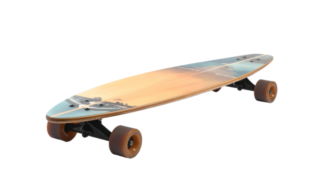 Longboard with sunset graphic on deck, black trucks, orange wheels