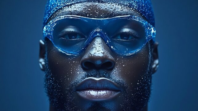 futuristic athlete in water-resistant gear with blue swim goggles and hydro-reflective skin