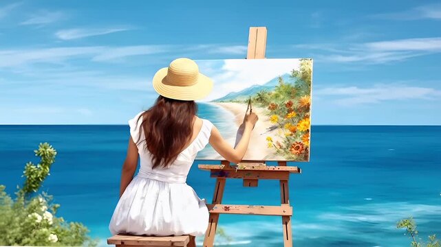 woman painting beach scene with ocean and sky backgroundwoman in white dress and straw hat by the sea.