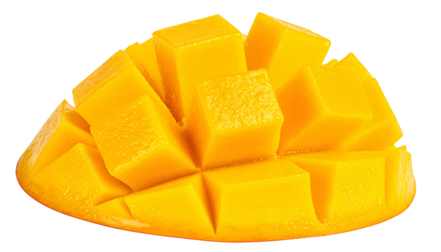 Diced mango wedge; bright yellow fruit, isometric, tropical delicacy