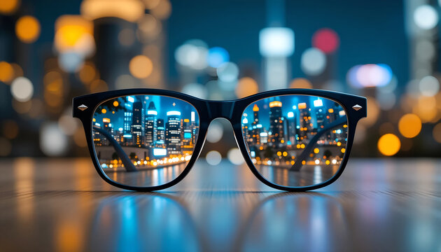 Black Eyeglasses Reflecting a Sharp, Focused Image of a Night City Skyline While the Background Remains Blurred, Concept for Clear Vision, Business Strategy, Focus, or Finance Template