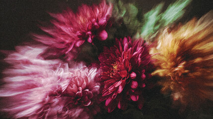 Vintage Motion Blur Floral Still Life with Red Chrysanthemums in Vase