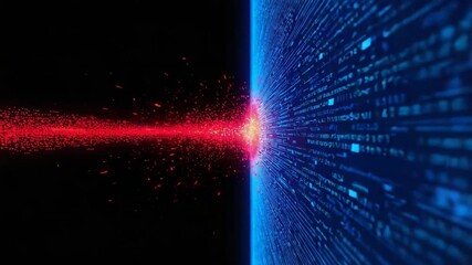 Cyber Fusion: A dynamic digital artwork depicts a vibrant fusion of contrasting forces, red energy colliding with a blue data stream, symbolizing the convergence of technology and information.  - Powered by Adobe