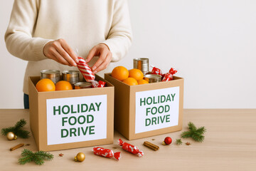 Holiday food drive boxes filled with canned goods and fruits, Christmas concept © dvoevnore