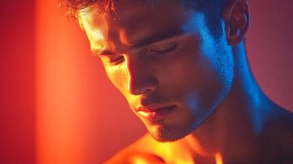 close-up portrait of a young man with colored lighting effects