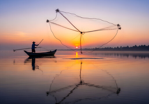 A fisherman casting a net into a calm sea at sunrise, realistic water reflections.