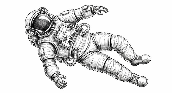 "Vector pencil-style drawing of an astronaut floating in space, detailed spacesuit textures, sketch line effect, isolated on white, printable artwork."